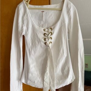 Free People White Lace-Up Long Sleeve Top